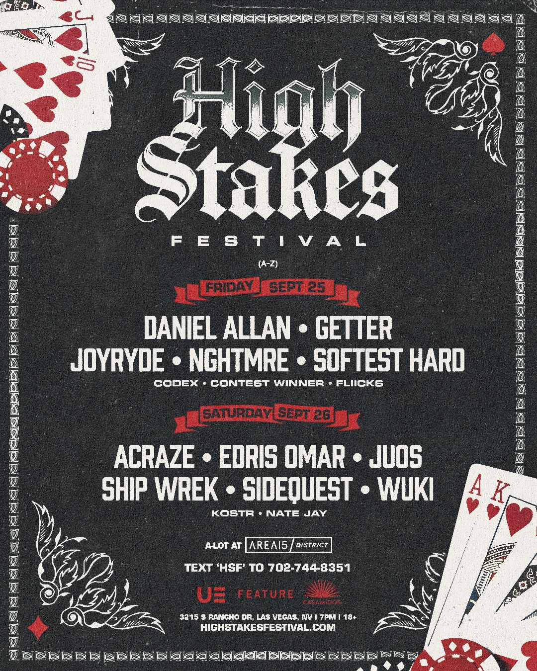 High Stakes Festival 2026 lineup by day: Friday, September 25 and Saturday, September 26